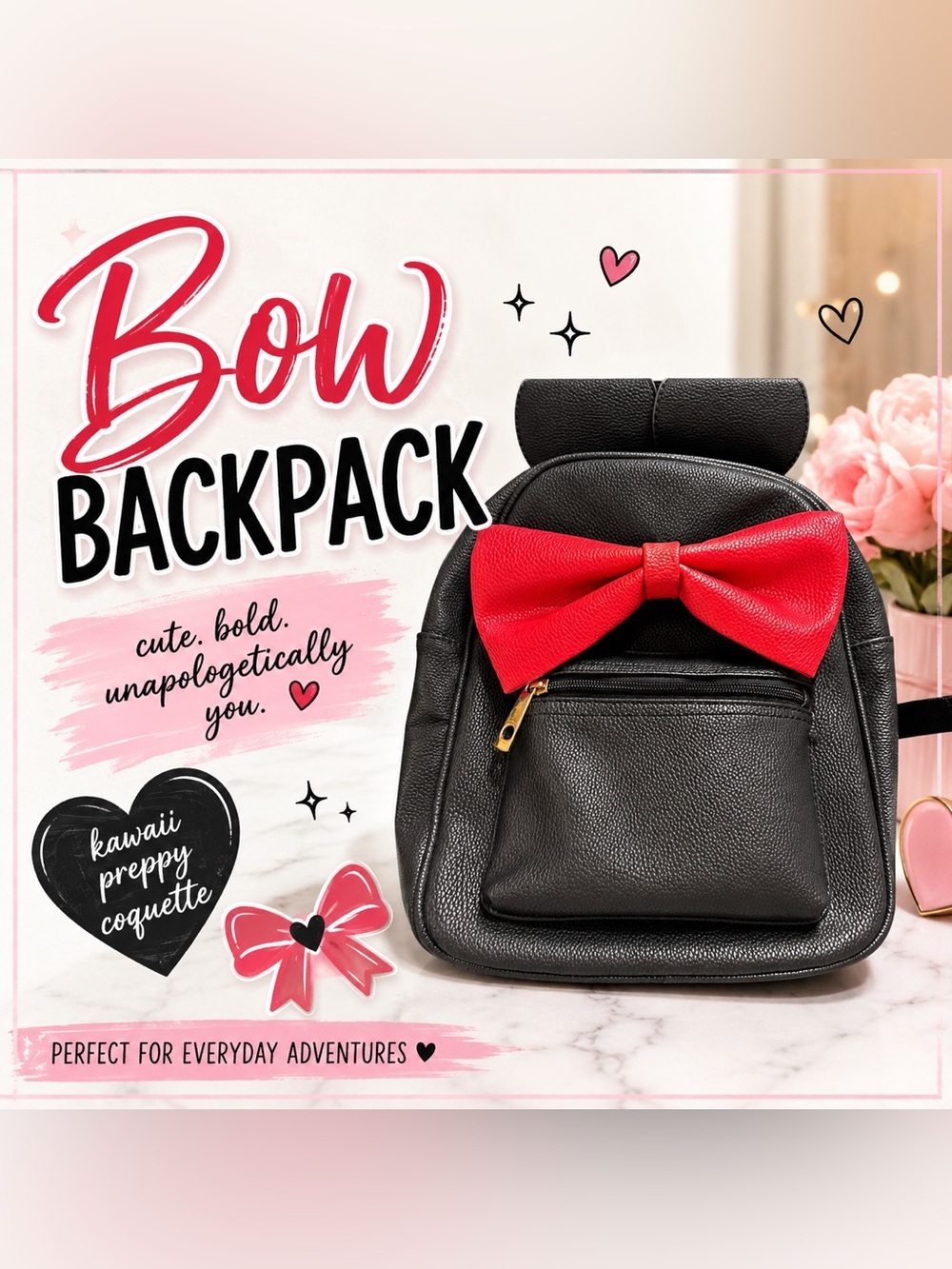 Disney Minnie Mouse Black Faux Leather Bow Backpack Red Bow Kawaii Preppy Bag